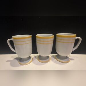 Set of 3 Yellow Banded White Footed 8 Oz Ceramic Coffee Mugs